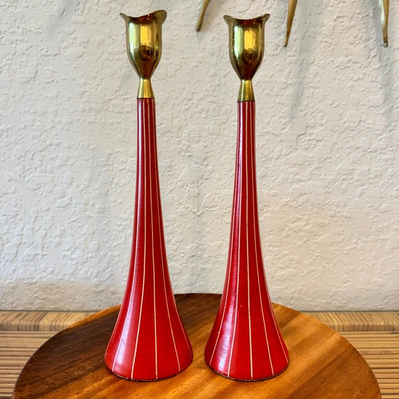 Vintage Rare Red Serv Wood Candlestick Holders Set of 4 | MCM Danish Modern - Picture 5 of 10